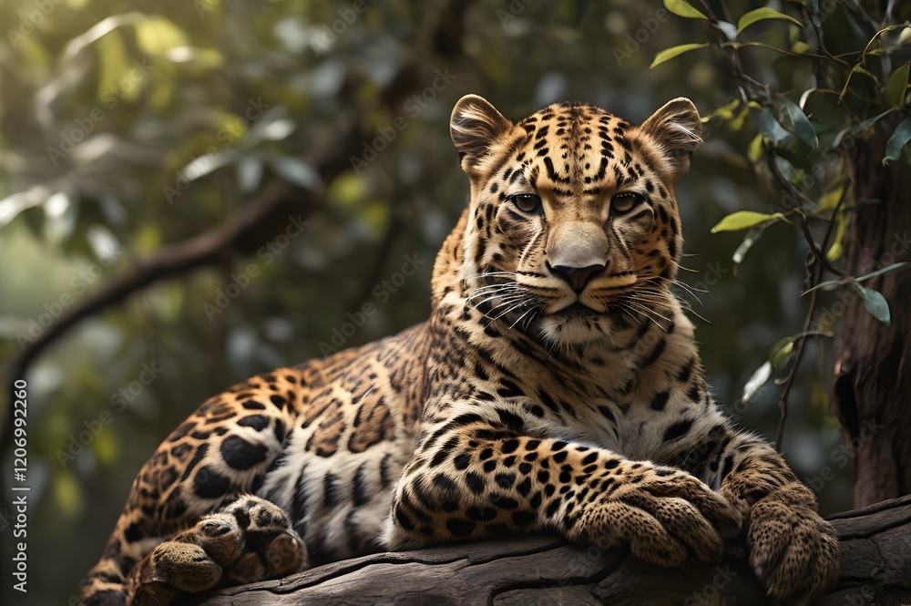 Naklejka premium A leopard relaxing on a high tree branch, bird's eye view