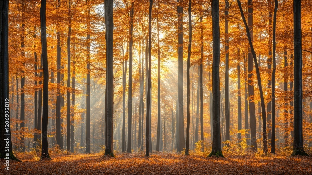Fototapeta premium Autumn forest with golden leaves and sunlight filtering through trees.