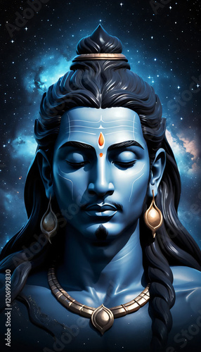 Close Up Face of Shiv Shankar Mahadev Bholenath in a calm meditating pose with closed eyes, Trinetra Thrid eye on his head, Maha Shivaratri, Pradosh Vrat, Shravan Month, Kartik Purnima, Bhairava  photo