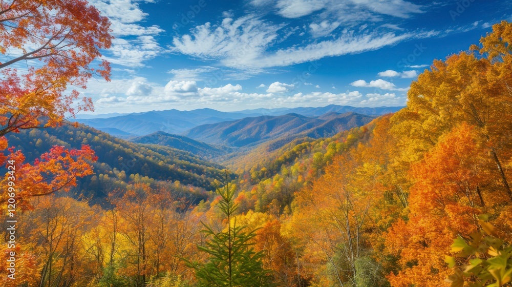 Fototapeta premium Vibrant Autumn Mountain Landscape with Fall Foliage and Blue Sky