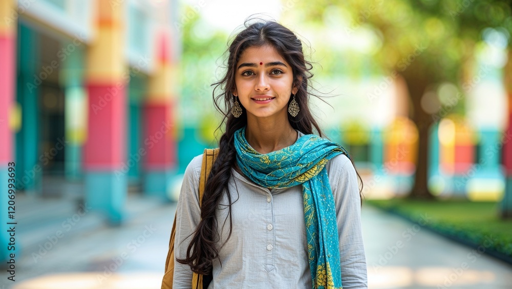 young indian college girl standing at college campus young indian college girl standing at college campus