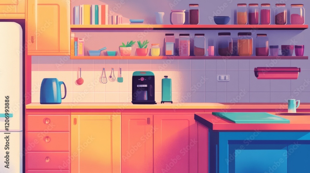 88.A vibrant flat illustration of a homey kitchen with bright cabinetry, a refrigerator adorned with colorful magnets, a neatly arranged countertop with an electric kettle, and open shelves 88.A vibrant flat illustration of a homey kitchen with bright cabinetry, a refrigerator adorned with colorful magnets, a neatly arranged countertop with an electric kettle, and open shelves