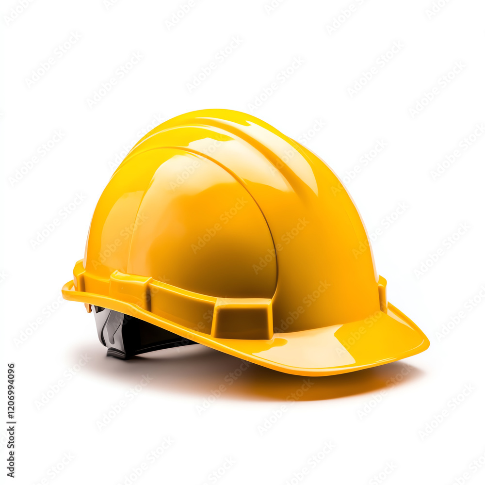 Fototapeta premium A vibrant yellow construction helmet isolated on a white background, symbolizing safety and protection in industrial environments.