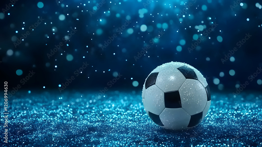 Fototapeta premium A soccer ball rests on a sparkling surface, surrounded by shimmering droplets against a blue backdrop, creating a dynamic and vibrant atmosphere