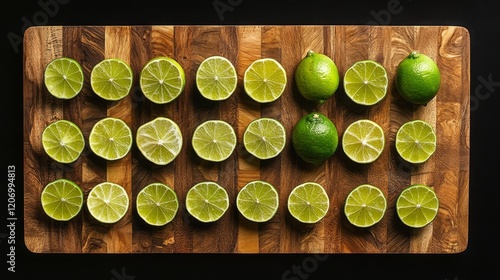 47.A top-down view of a wooden cutting board with a whole green lime and its halves arranged neatly, the textured wood and sharp contrast of the lime's bright green against the black background