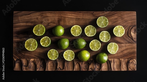 47.A top-down view of a wooden cutting board with a whole green lime and its halves arranged neatly, the textured wood and sharp contrast of the lime's bright green against the black background