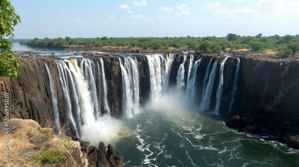 Fototapeta premium Waterfall Flowing with Rocky Cliffs and Blue Water