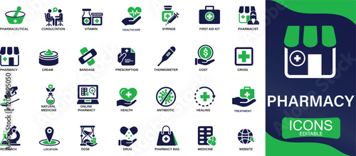  Pharmacy icon set Medicine, bandage, medication, prescription, treatment You can easily change the color.