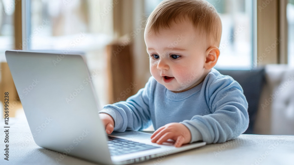 curious baby interacts with laptop, exploring technology in cozy environment. child is focused and engaged, showcasing early learning and discovery curious baby interacts with laptop, exploring technology in cozy environment. child is focused and engaged, showcasing early learning and discovery