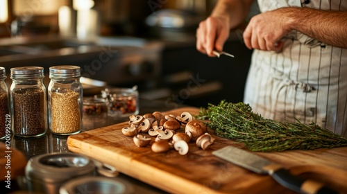 95.A warm kitchen scene featuring a cook preparing mushrooms on a cutting board, with herbs like rosemary and sage artfully placed alongside small spice containers, emphasizing a fresh, organic feel. photo