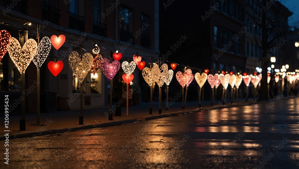 A night time street scene features a row of heart-shaped lights lining the sidewalk, reflecting on the wet pavement.