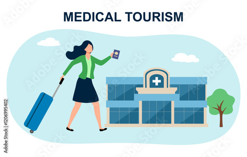 Medical tourism, medical insurance in flat design vector illustration. Young woman departure for the treatment abroad, medical tourism concept.