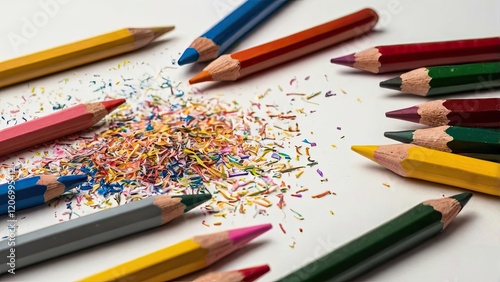 Close-up of scattered colorful pencils on white surface photo