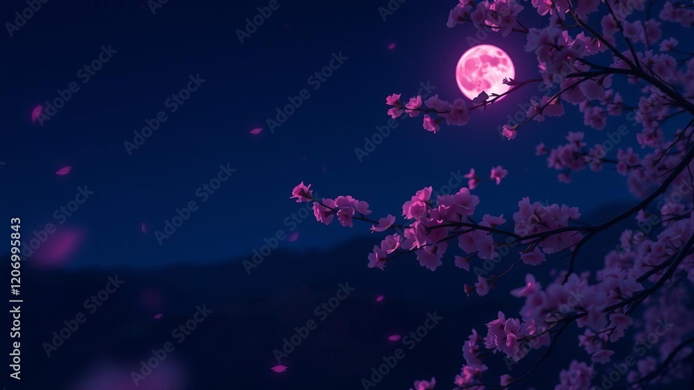 Fototapeta premium Beautiful sakura blossoms illuminated by the soft light of the pink moon, creating a dreamy and tranquil atmosphere, tranquil, blossoms, ethereal
