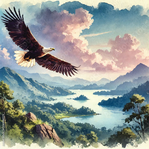 Bald eagles with patriotic backgrounds,Clipart, watercolor illustration, Perfect for nursery art The style is handdrawn, white background