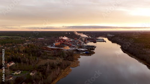 Pulp and paper mill reflecting on calm river at sunset photo