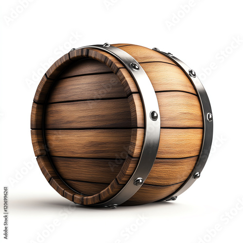 A rustic wooden barrel with metal bands, ideal for storage and aging beverages like wine or whiskey. photo