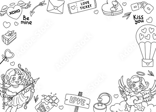 Romantic doodle Border. Elegant Frame with Hearts, Angels, and Cupid's Arrows. For Wedding Invitation, Valentine's Card. Children's coloring book. Festive line Background. Vector outline illustration.