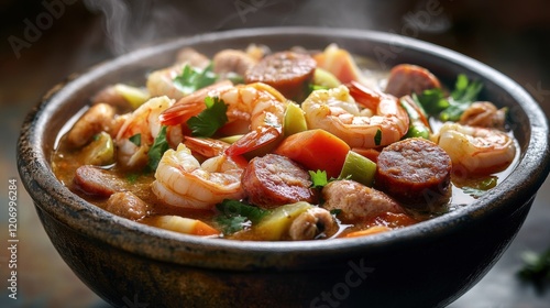 Aromatic Shrimp and Sausage Stew in Rustic Bowl, Steaming Hot Delicious Cajun Cuisine photo