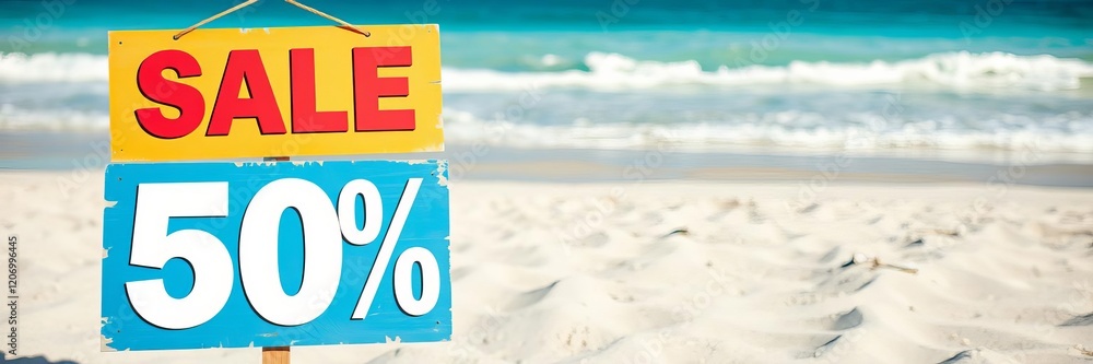 Blue and white 20 percent off sign on sandy beach outdoor setting with Blue and white 20 percent off sign on sandy beach outdoor setting with