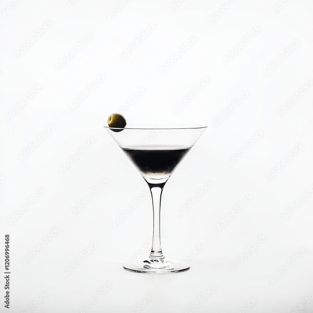 A sophisticated gin martini with an olive, presented against an isolated white background, noir art style A sophisticated gin martini with an olive, presented against an isolated white background, noir art style