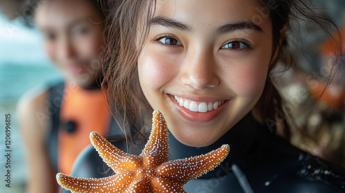 a young girl holding a starfish in her hand