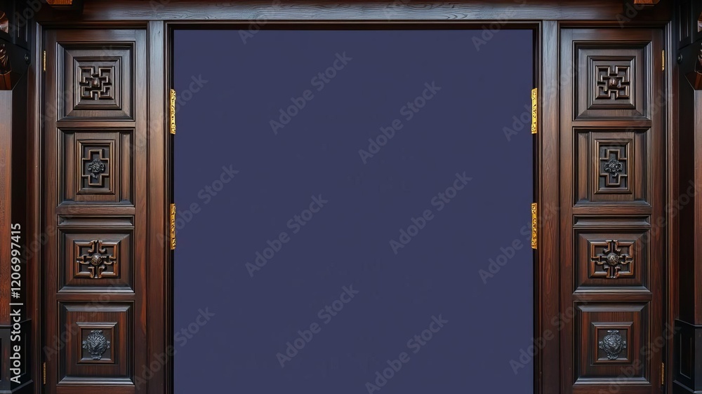 Chinese style swing door made of dark wood with intricate carvings and traditional brass hardware, swing door, dark wood, vintage Chinese style swing door made of dark wood with intricate carvings and traditional brass hardware, swing door, dark wood, vintage