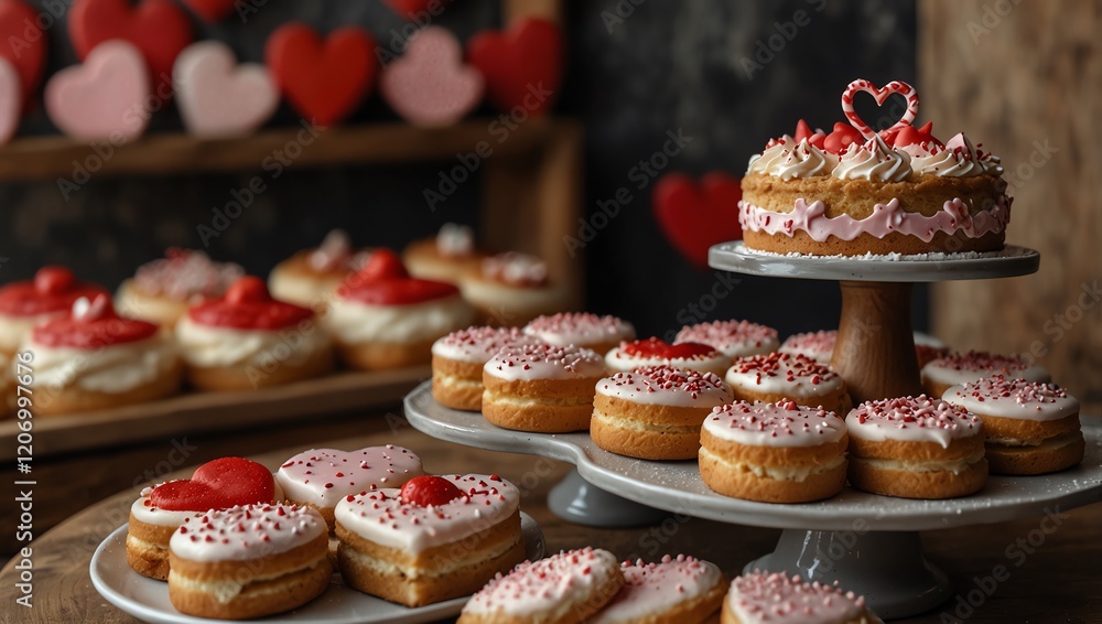 Cupcakes with icing . Three tiered stands display decorated cakes and cookies.