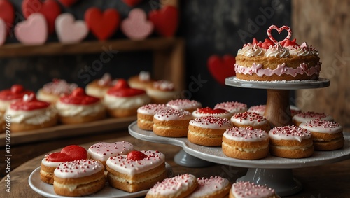 Obraz na płótnie Cupcakes with icing . Three tiered stands display decorated cakes and cookies. w salonie