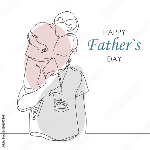 Father with Son One Line Vector Illustration. Continuous Single Line Drawing of Parent Holds Child. Happy Father`s Day Card with Hand Drawn Contour Silhouette Outline Style