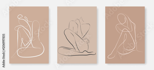 Continuous One Line of Woman Sitting Pose Nude Line Art Vector Illustration Wall Art Print Set. Continuous Line Woman Body, Abstract Contour Drawing of Female Figure Art