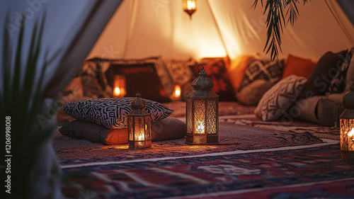 A festive gathering in a traditional Arabic tent, with lanterns and cushions creating a cozy atmosphere