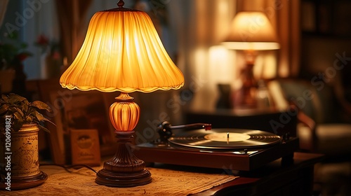 Warm lamplight illuminates a cozy room with a record player.