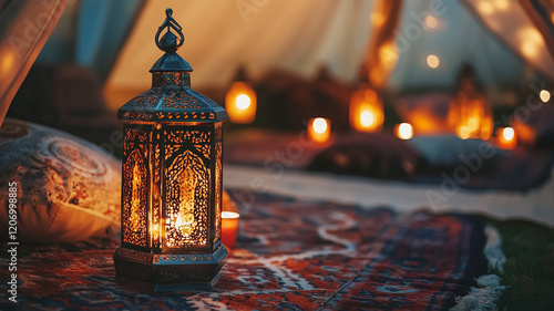 A festive gathering in a traditional Arabic tent, with lanterns and cushions creating a cozy atmosphere