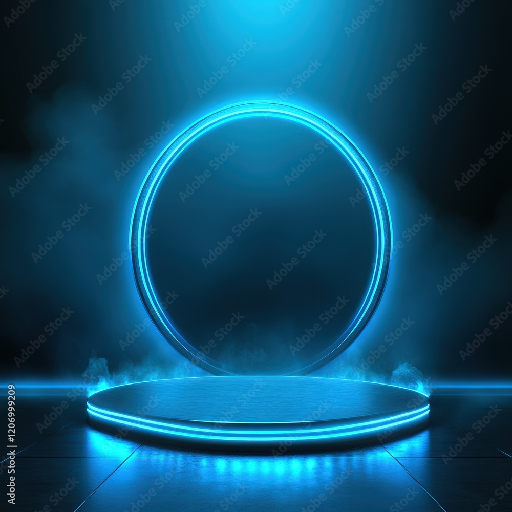Futuristic Blue Neon Circle and Platform Product Display.