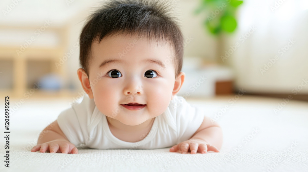 happy baby crawling on soft rug in bright, minimalistic room, showcasing innocence and joy happy baby crawling on soft rug in bright, minimalistic room, showcasing innocence and joy