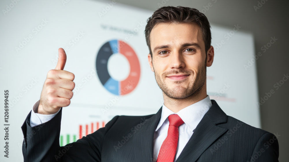 Professional presenter giving thumbs up in front of business chart, showcasing confidence and success in corporate environment Professional presenter giving thumbs up in front of business chart, showcasing confidence and success in corporate environment