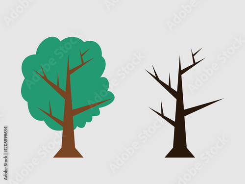 The image shows two stylized trees side by side against a light gray background