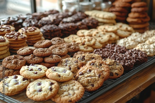 A table filled with an assortment of homemade cookies, from chocolate chip to sugar. Generative AI