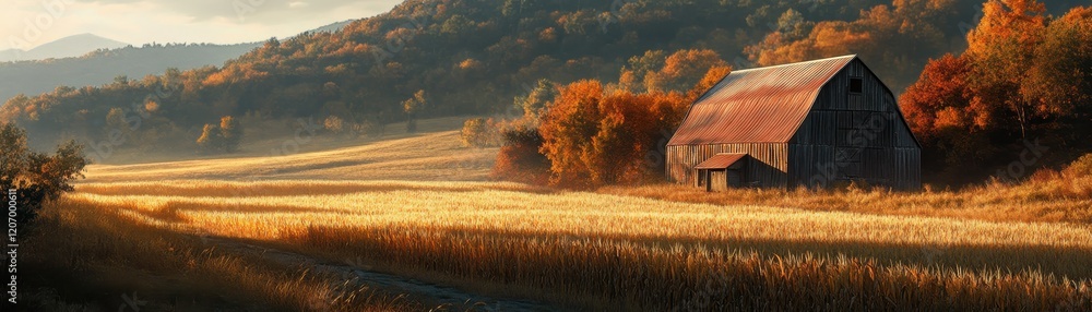 Rustic Barn in Golden Wheat Field Surrounded by Vibrant Autumn Foliage and Rolling Hills at Sunrise Rustic Barn in Golden Wheat Field Surrounded by Vibrant Autumn Foliage and Rolling Hills at Sunrise