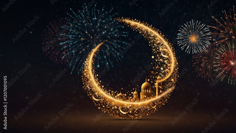 Ramadan Mubarak with mousqe. Firework