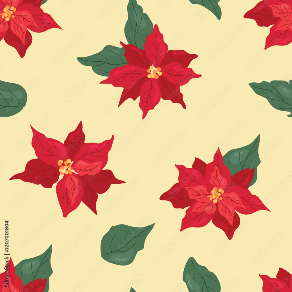 Obraz premium Seamless pattern with Christmas poissetia flowers. Design for fabric, textiles, wallpaper, packaging. 