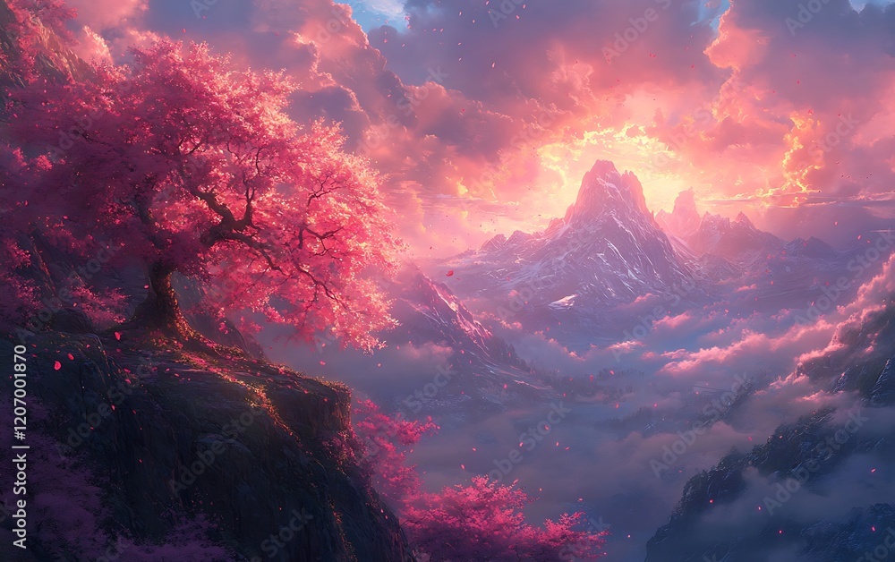 Pink Tree Clifftop Mountain Landscape Painting Pink Tree Clifftop Mountain Landscape Painting