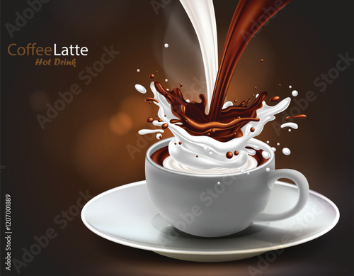A stream of coffee and milk merge in a cup with a splash effect. Highly realistic illustration