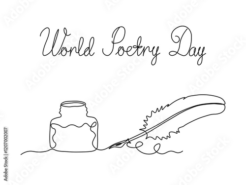 World Poetry Day. Abstract antique ink pen for writing and a bottle of ink, continuous single one line art hand drawing sketch logo