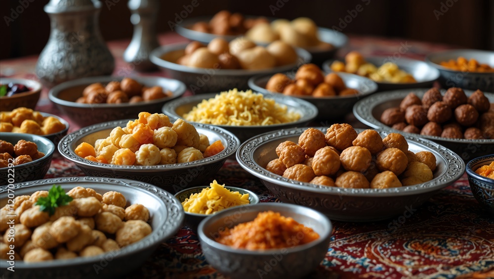 dried fruits and nuts . Food . Several bowls filled with round, golden-brown treats are arranged on a patterned table, creating an abundant and festive display of food.