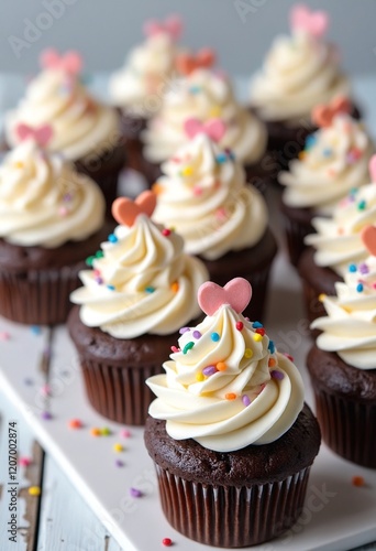 Artisanal chocolate cupcakes arranged in perfect row with swirled vanilla buttercream frosting and heart-shaped rainbow sprinkles on rustic white wooden surface photo