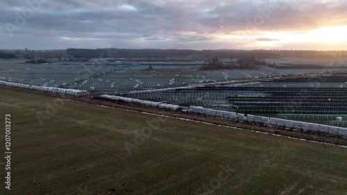 Solar panels field park farm, aerial view photo