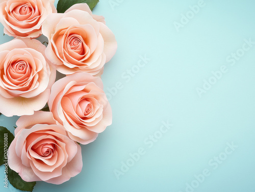 Pastel pink roses arranged on light blue background with soft, elegant vibe
