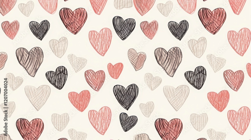 Hand Drawn Hearts Pattern in Pink, Brown and Black on Beige Background Hand Drawn Hearts Pattern in Pink, Brown and Black on Beige Background
